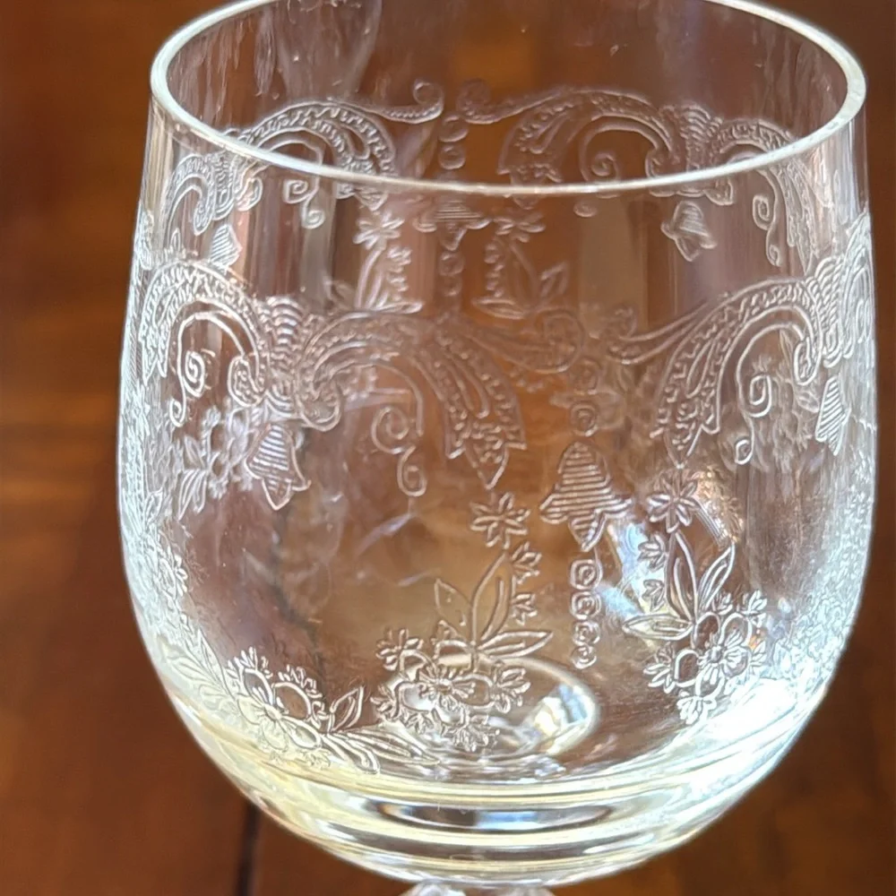 2 pc Czech Bohemian clear etched Crystal Cascade Design cordials footed glasses